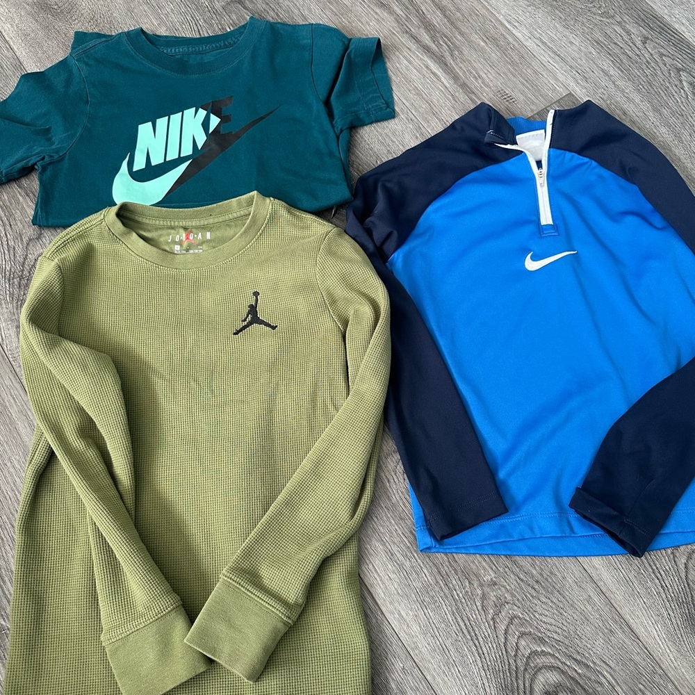 Nike Kids Teal, Jordan Olive long sleeve, and Navy Shirt Trio